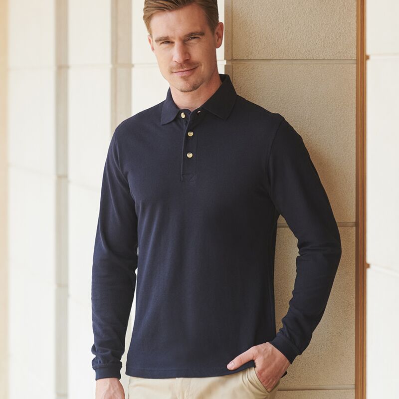 Henbury Long Sleeve Cotton Piqué Polo Shirt Thumbnail